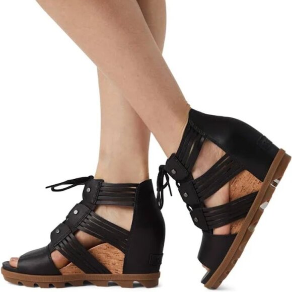 Sorel Joanie II Lace Huarache Black Platform Sandals Chunky Leather Cork Size 10 - Picture 1 of 16